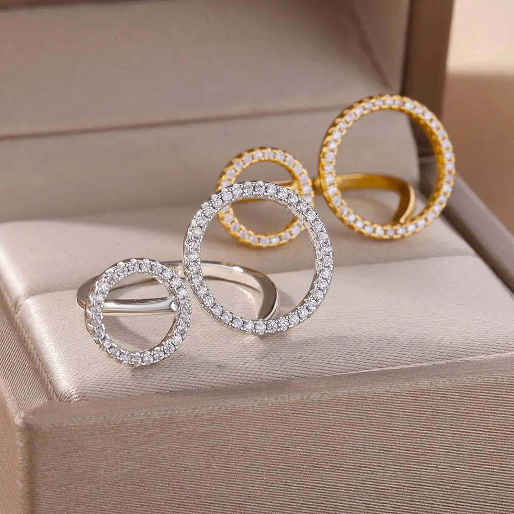 Zircon Double Circle Adjustable Stainless Steel Rings