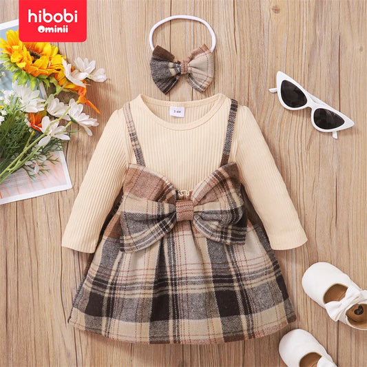 Hibobi Plaid Bow Dress & Headband Set