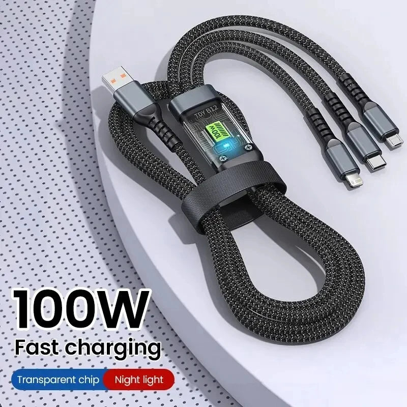 Luminous Data Cable 3 In1 Mobile Phone Charging - Cable 100W Fast Charging