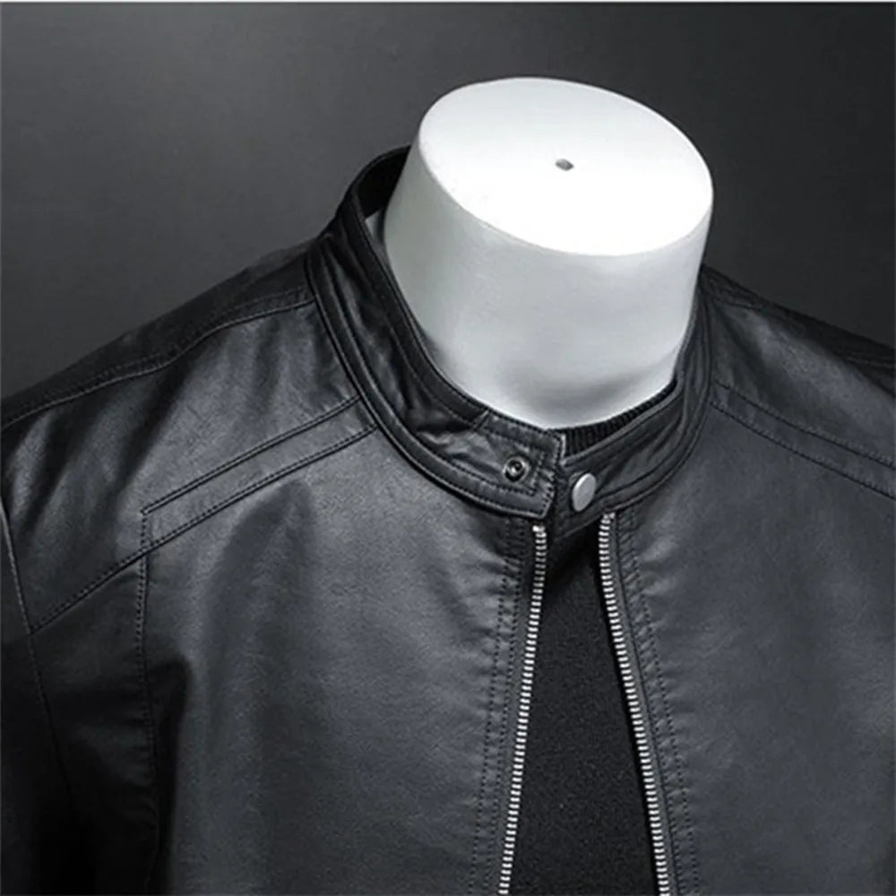 Men's Slim Fit Stand Collar Leather Jacket