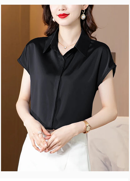 Women's Silk Satin Polo Vintage Blouse