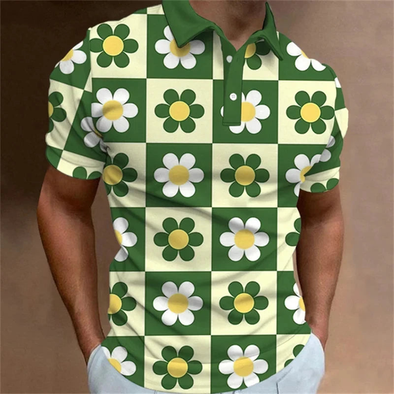 Men's Polo Shirt Fashion 3D Printed Flower Pattern Lapel Short Sleeve Top Summer New Leisure Vacation Street Breathable Clothing