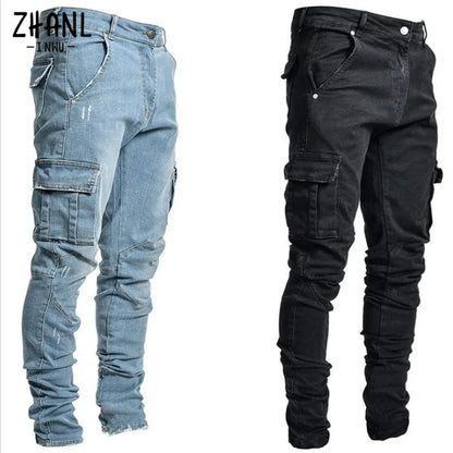 Multi-Pocket Solid Color Cargo Jeans