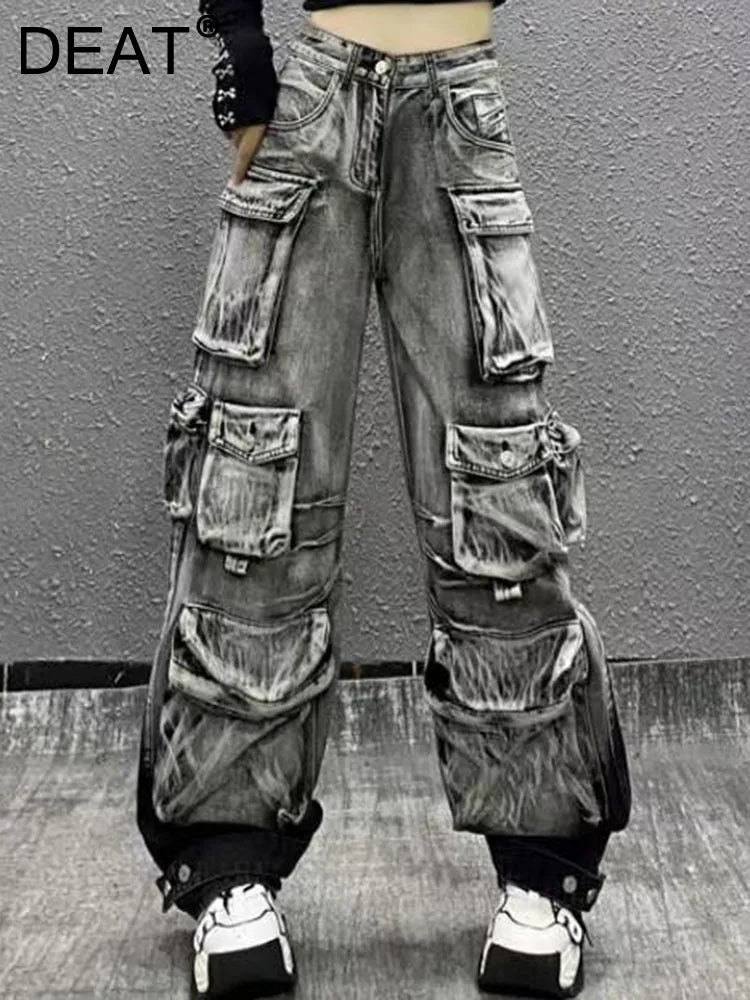 DEAT High-Waist Gradient Cargo Jeans for Women