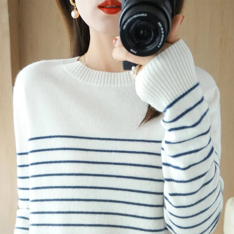 100% Cotton Striped Sweater - Loose Fit Style