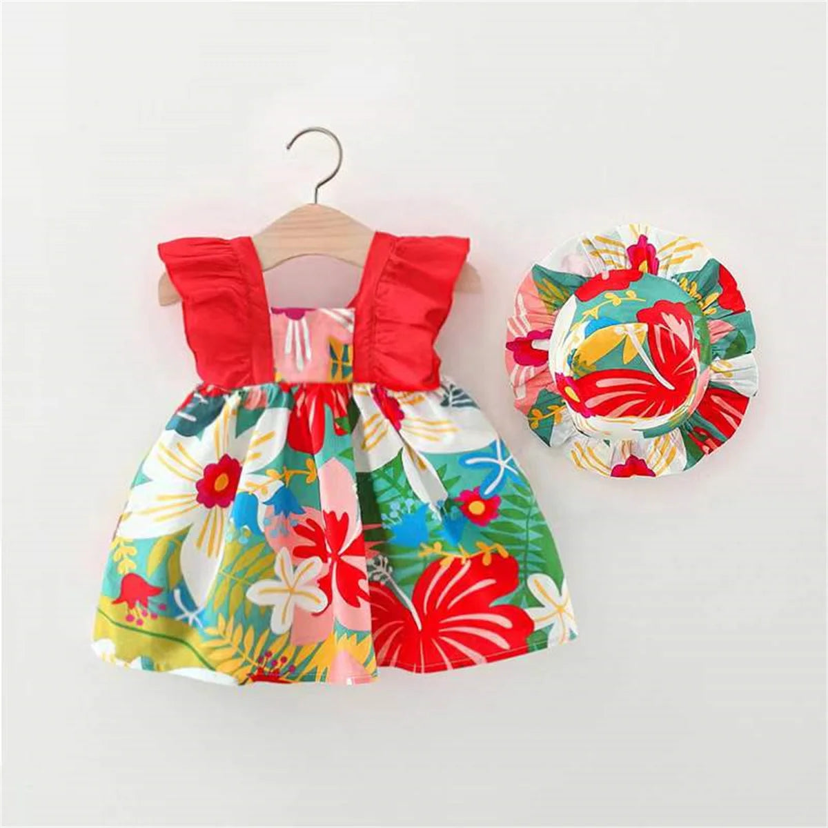 Robe et chapeau à imprimé floral à manches volantes pour bébé fille