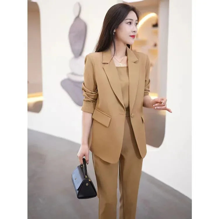Women's Black Blazer and Wide Leg Pants Suit for Autumn Winter