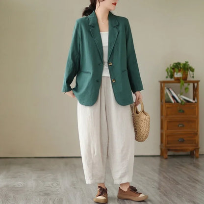 Blazer d'été à manches longues en coton et lin d'inspiration vintage avec col à revers