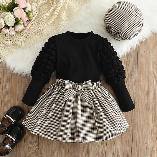 Girls' Round Neck Top & Plaid Set