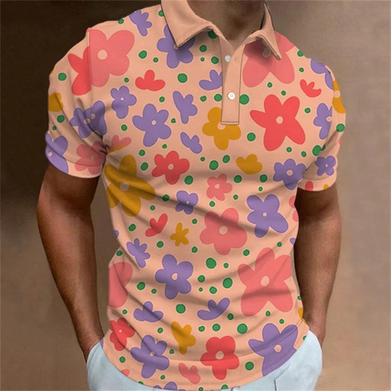 Men's Polo Shirt Fashion 3D Printed Flower Pattern Lapel Short Sleeve Top Summer New Leisure Vacation Street Breathable Clothing