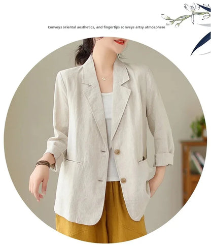 Blazer d'été à manches longues en coton et lin d'inspiration vintage avec col à revers