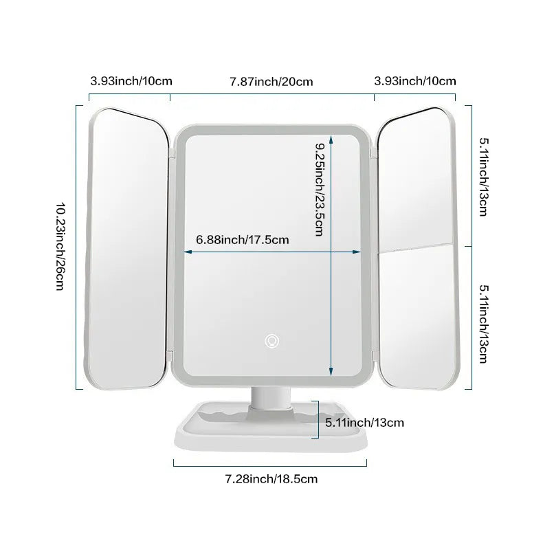 Miroir de maquillage à trois volets avec lumières LED – Miroir de courtoisie pour dortoir