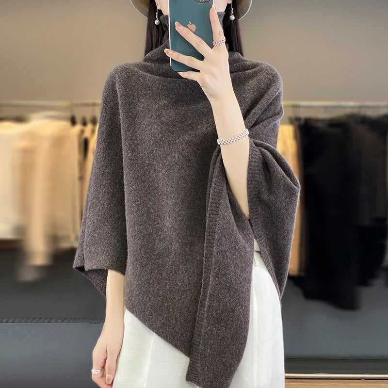 Elegant Wool Knit Shawl- Sleeveless High Neck Cape