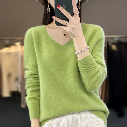 Women's knitted V Neck Merino Wool Sweater