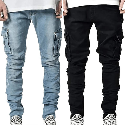 Multi-Pocket Solid Color Cargo Jeans