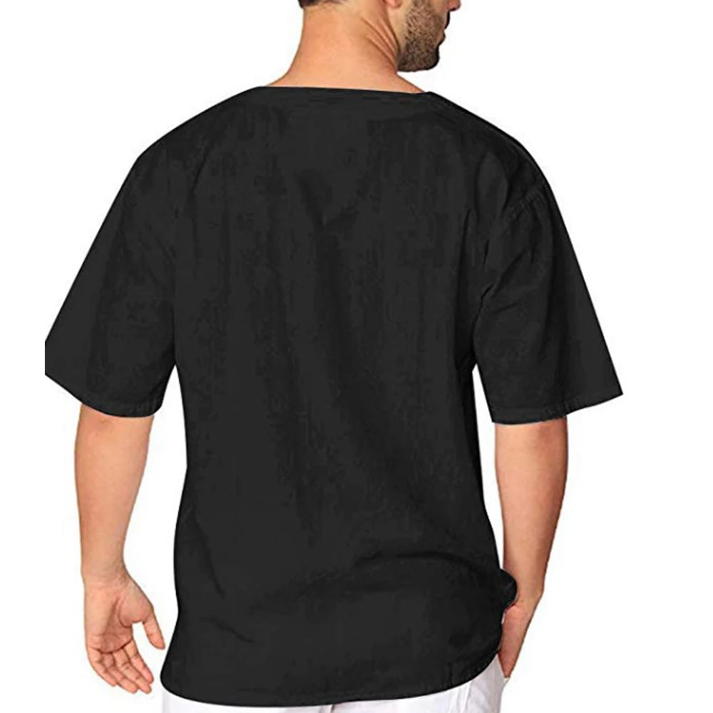 Herren-Sommer-T-Shirt aus Baumwollleinen – einfarbige Tops mit V-Ausschnitt