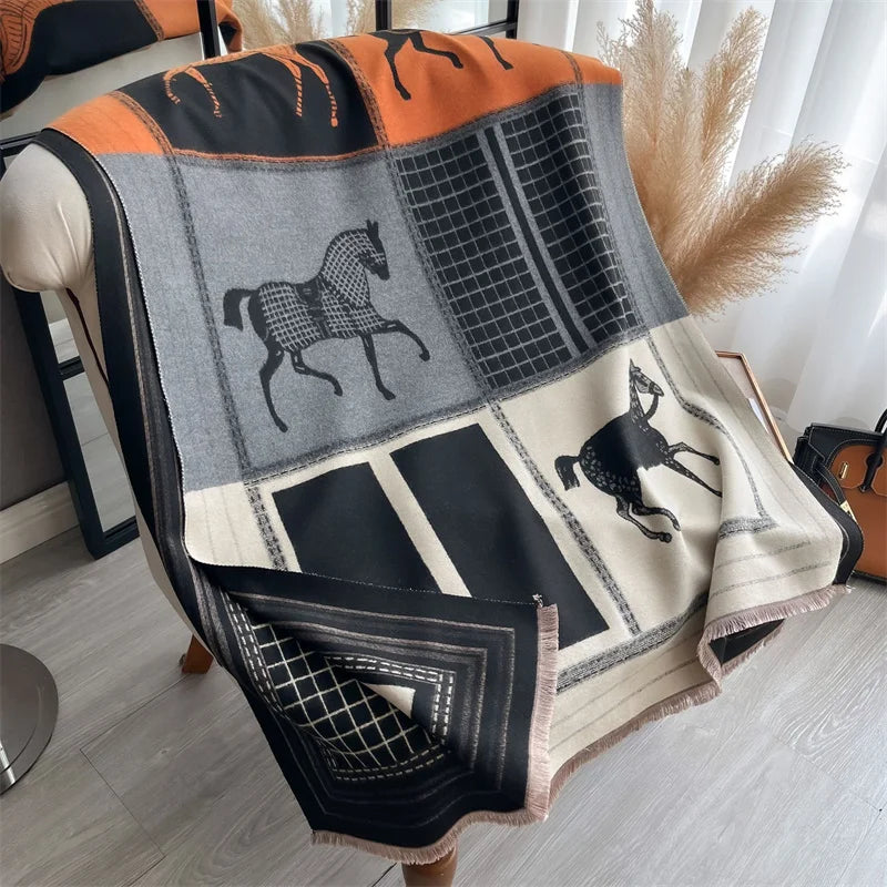 Luxury Cashmere Poncho- Horse Print Winter Wrap for Women