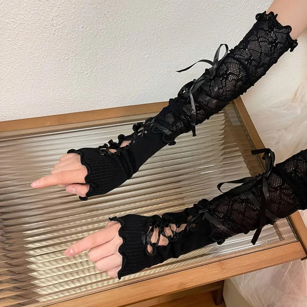 Women’s Gothic Black Lace Fingerless Gloves – Elastic Mesh