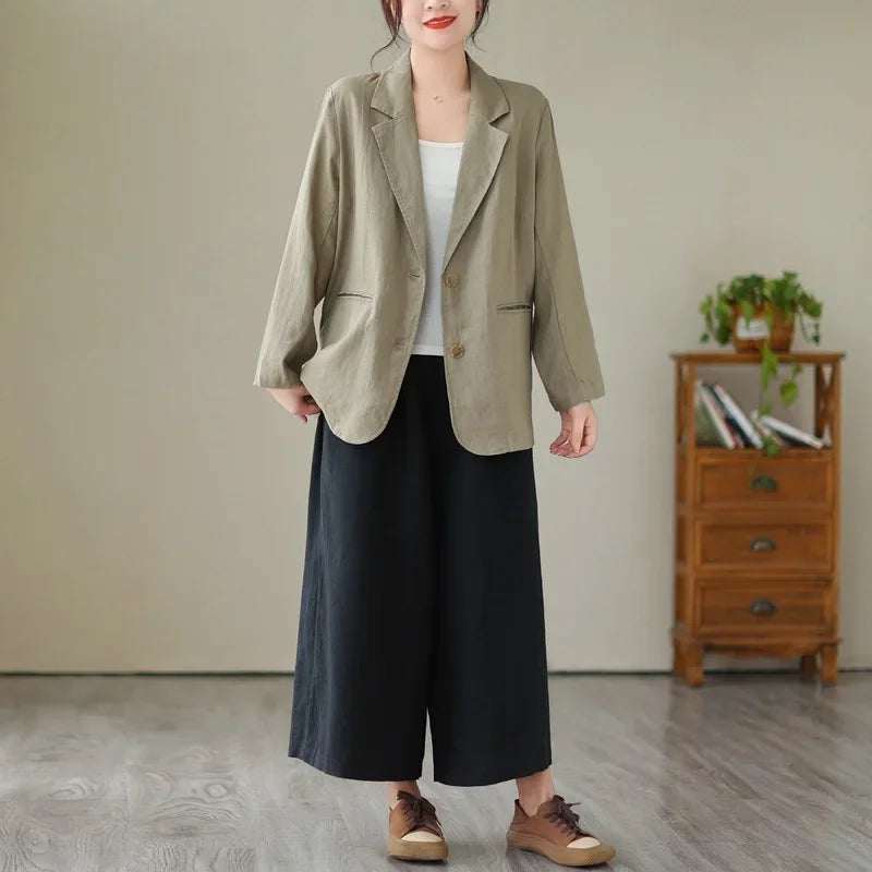 Blazer d'été à manches longues en coton et lin d'inspiration vintage avec col à revers