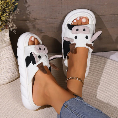 Rutschfeste, süße Leinen-Hausschuhe mit Cartoon-Kuh-Motiv