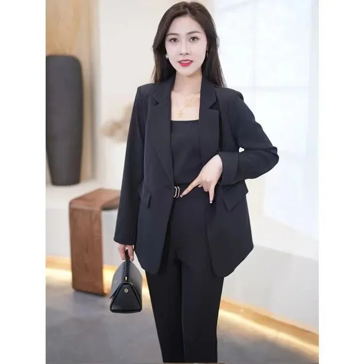 Women's Black Blazer and Wide Leg Pants Suit for Autumn Winter