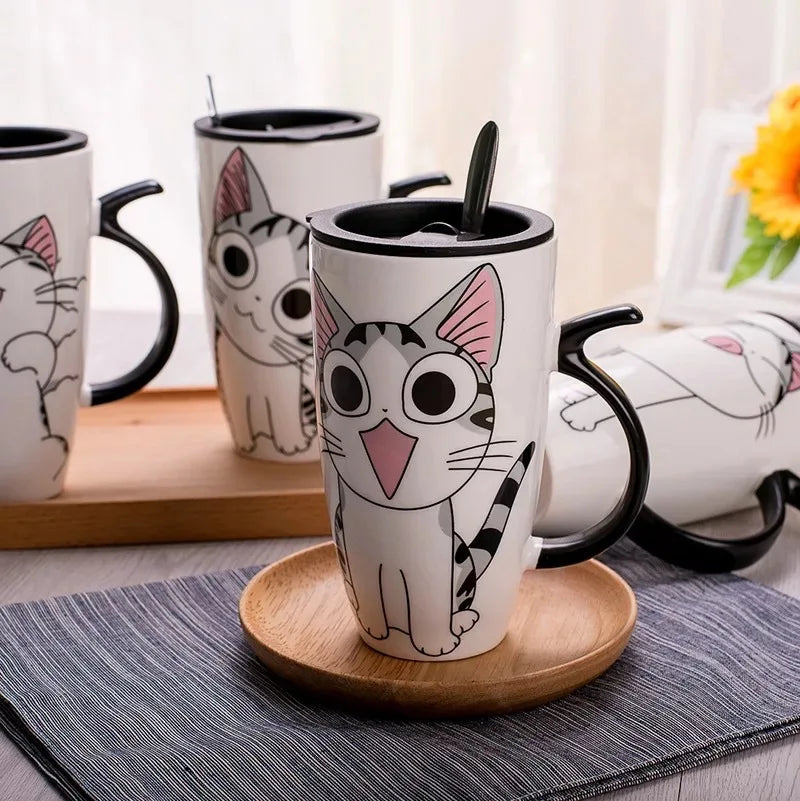 Tasse en céramique créative pour chat de 600 ml avec couvercle et cuillère