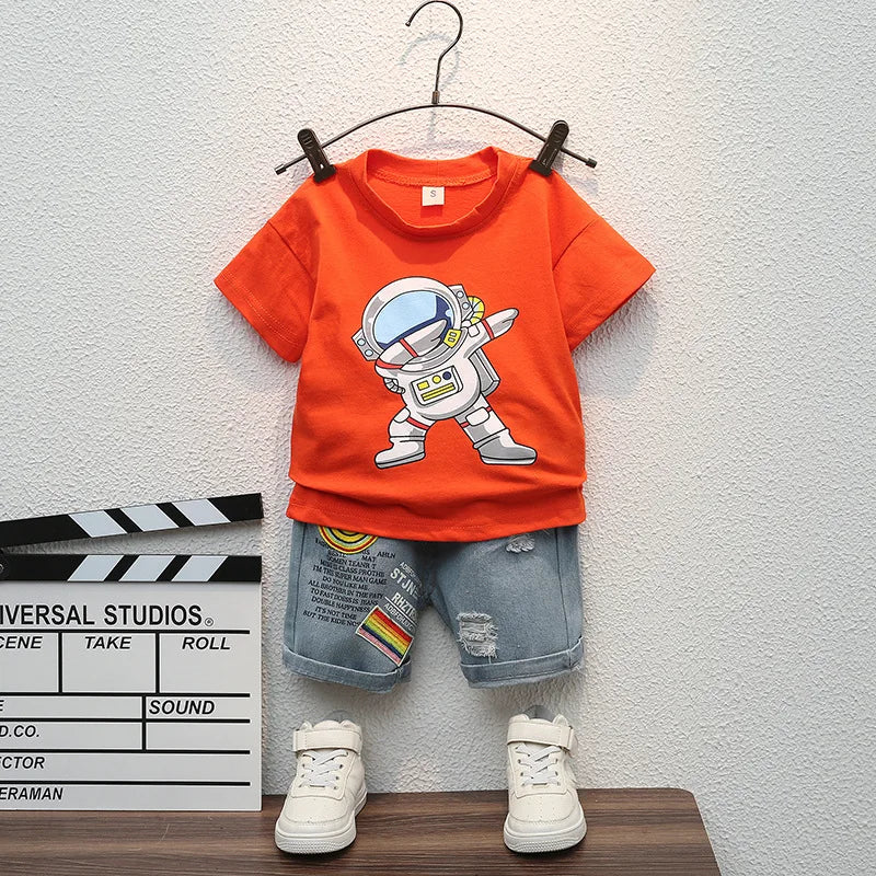 Cartoon Sports T-Shirt & Ripped Denim Shorts Set