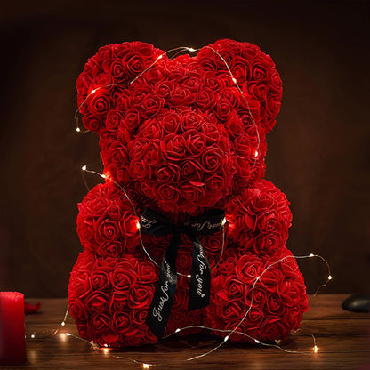 Décoration de cadeaux de Saint-Valentin Ours en roses Fleur artificielle avec boîte lumineuse Ours en peluche