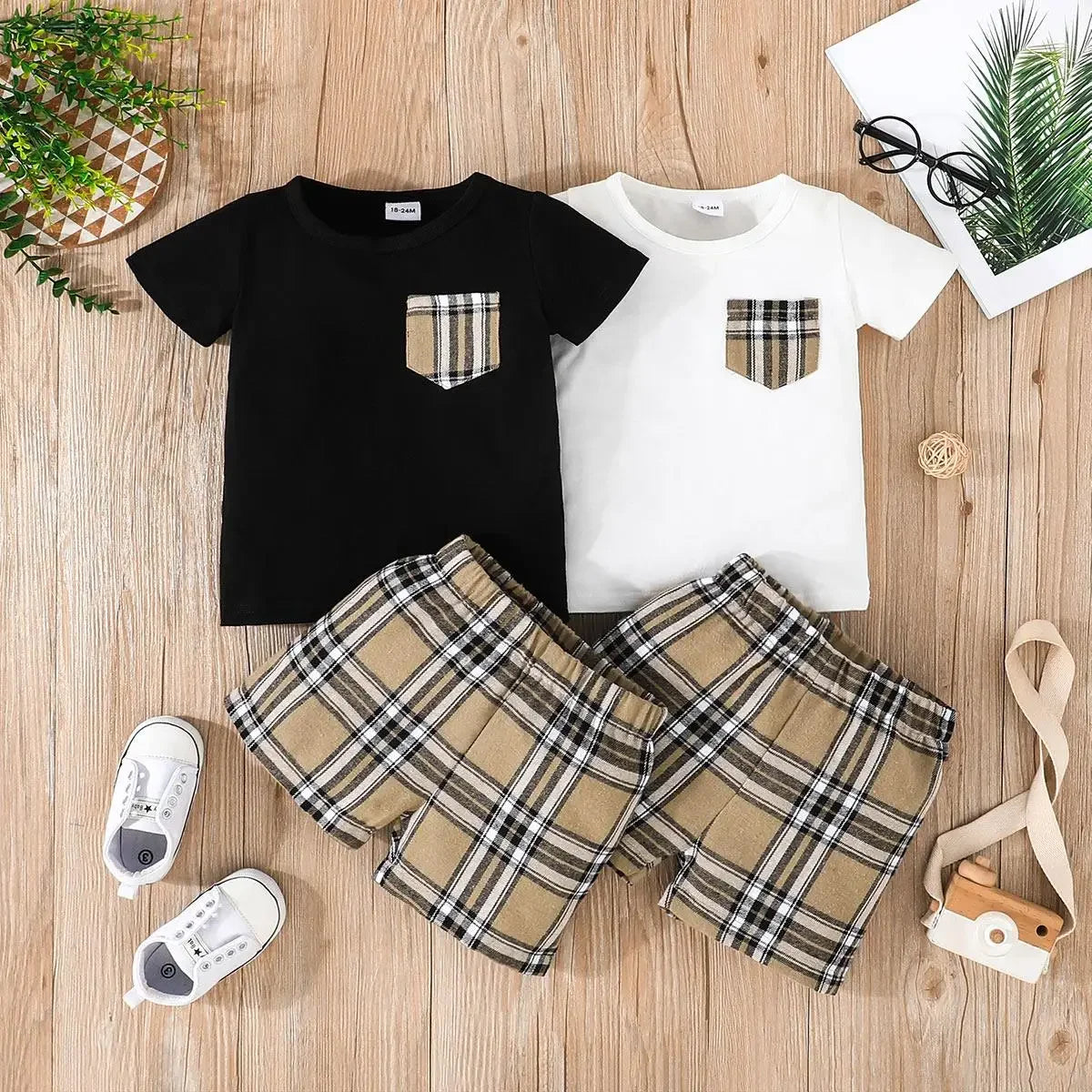 Ensemble t-shirt en coton et short à carreaux pour bébé garçon