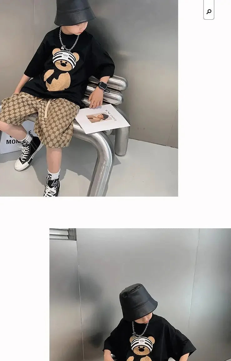 Baby Boy Cotton Embroidered Top with Brown Drawstring Pants