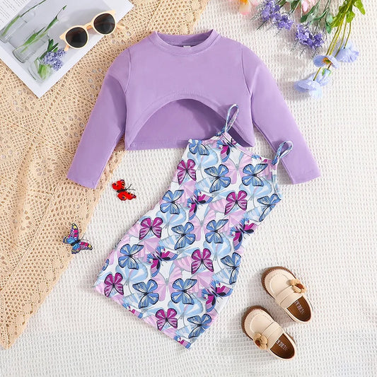 Baby Girls Long Sleeve Top & Butterfly Print Suspenders Skirt