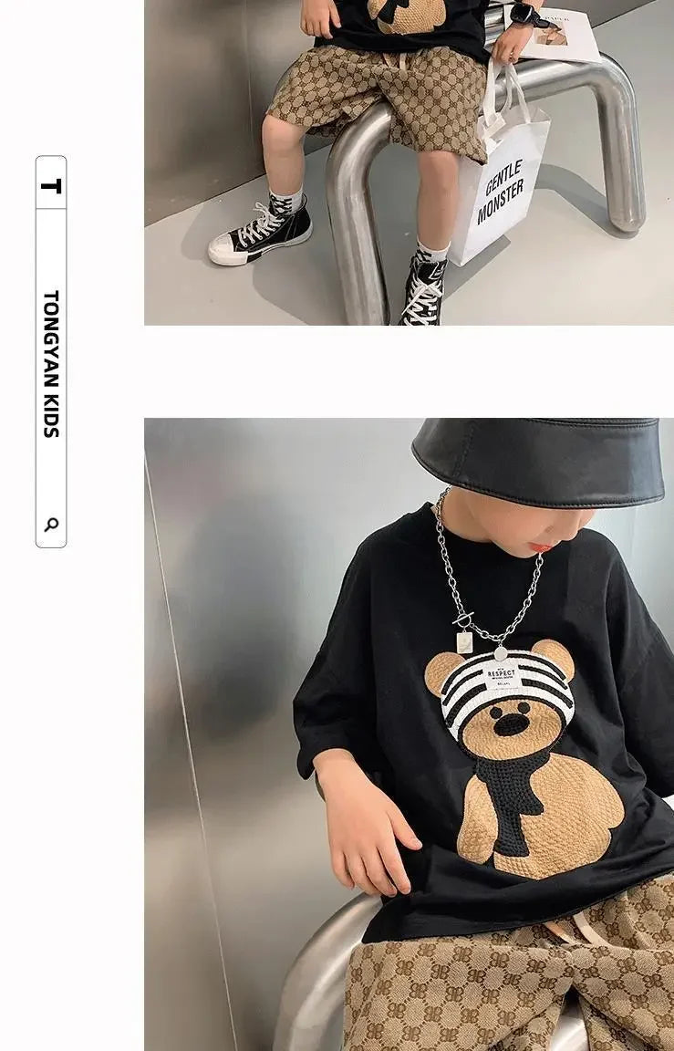 Baby Boy Cotton Embroidered Top with Brown Drawstring Pants