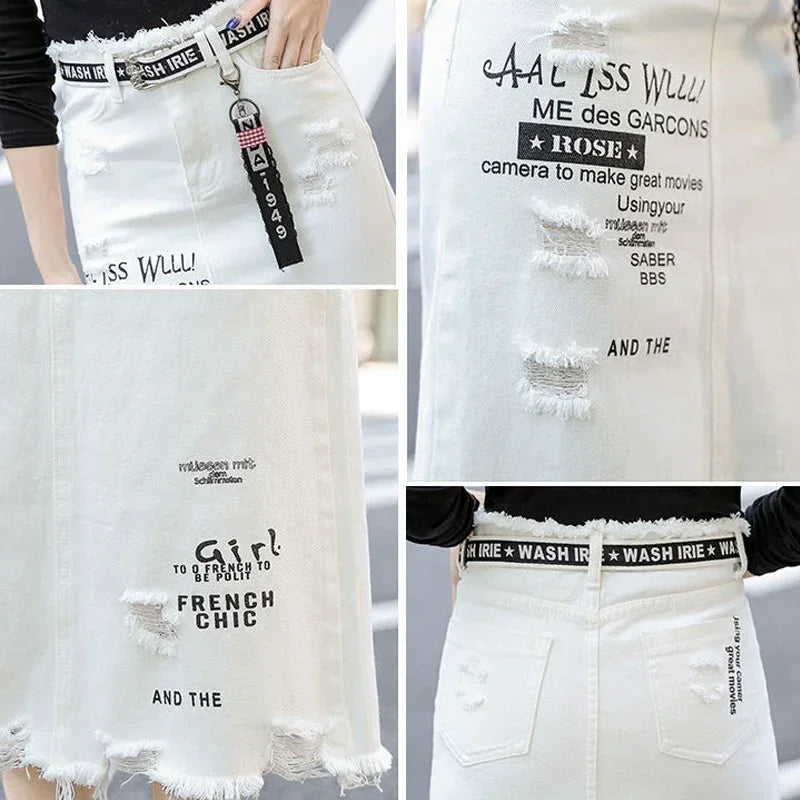 White Denim Letter Print Long Skirt