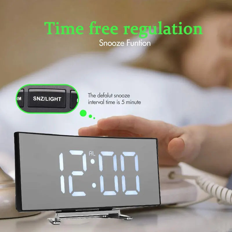 LED Digital Alarm Clock for Kids with Curved Mirror Screen & Snooze Function