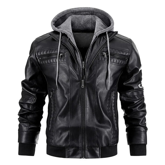 Slim Fit Motorradjacke aus Leder mit Kapuze