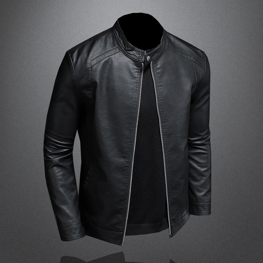 Men's Slim Fit Stand Collar Leather Jacket