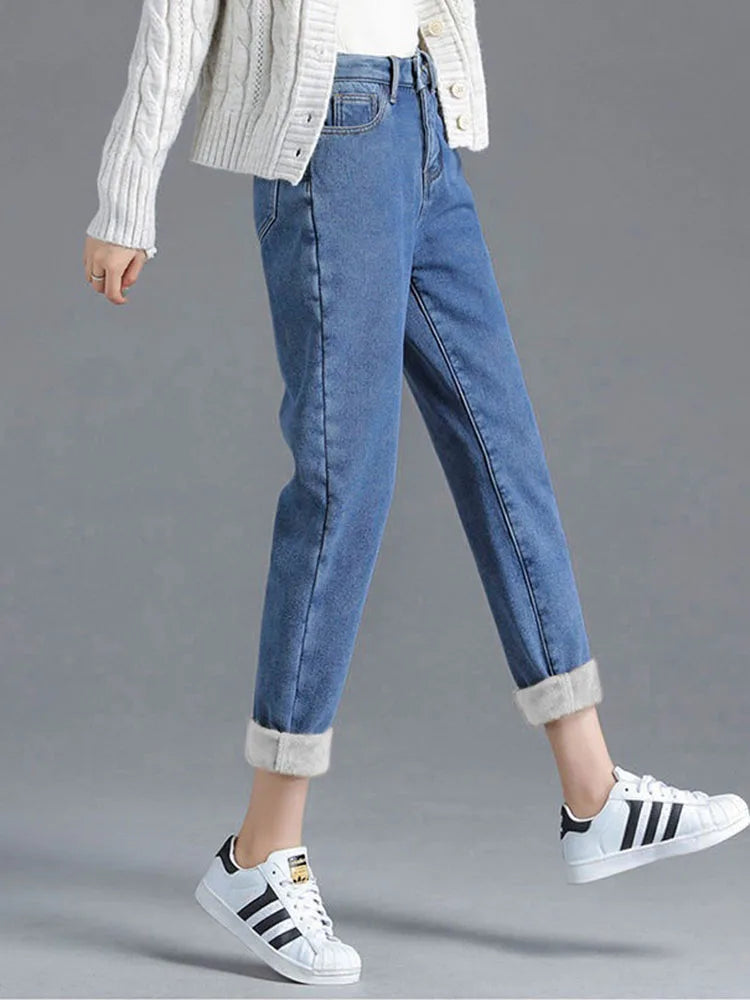 New Winter Stretch Plush Warm Straight Jeans for Women