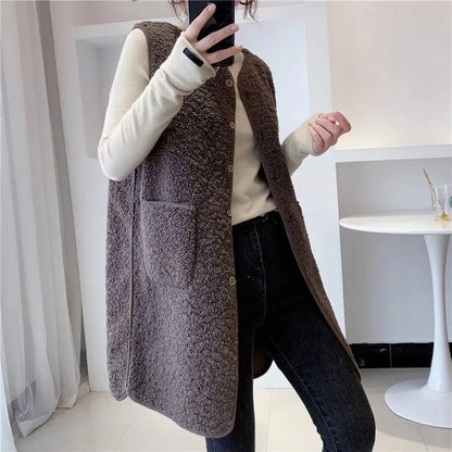 Stylish Medium-Length Lamb Wool Vest Jacket