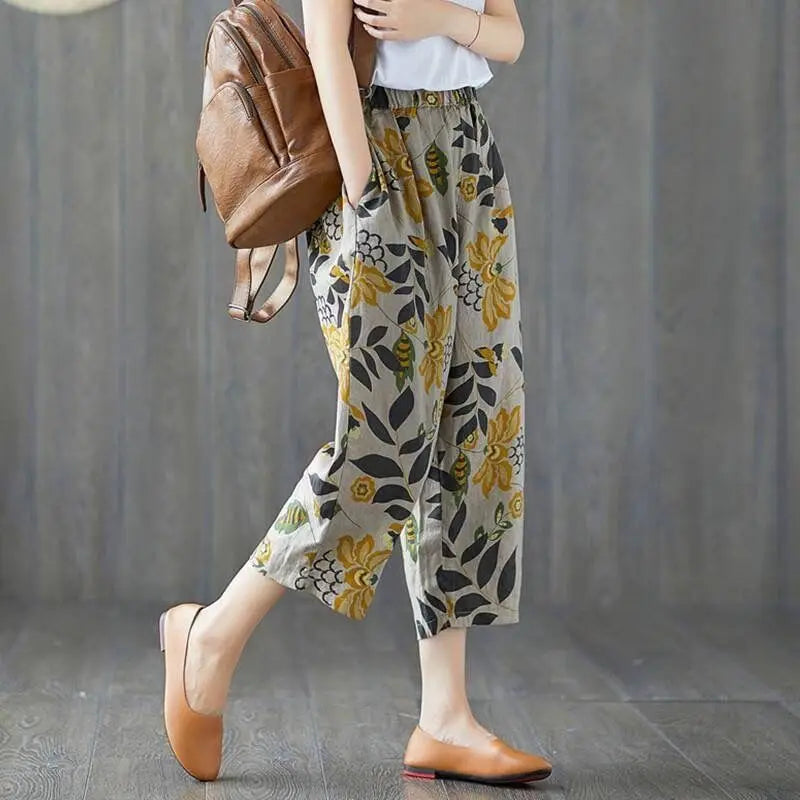 Retro Print Cotton Linen Harem Pants for Summer