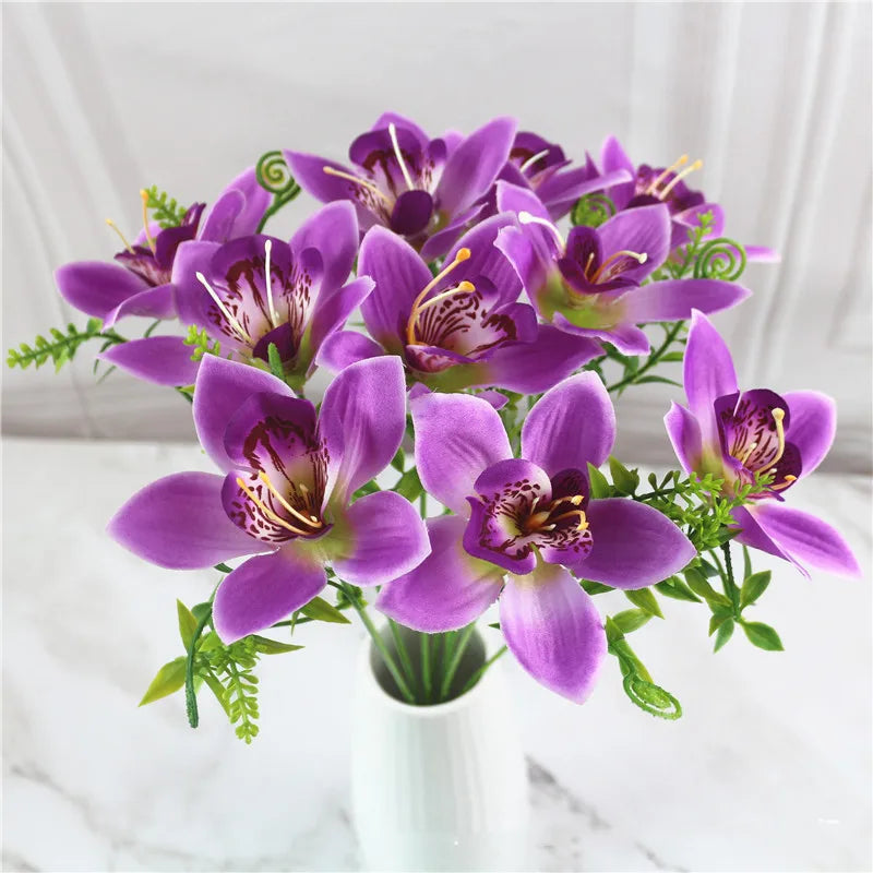 10Pcs White Silk Artificial Orchid Bouquet for Home and Wedding