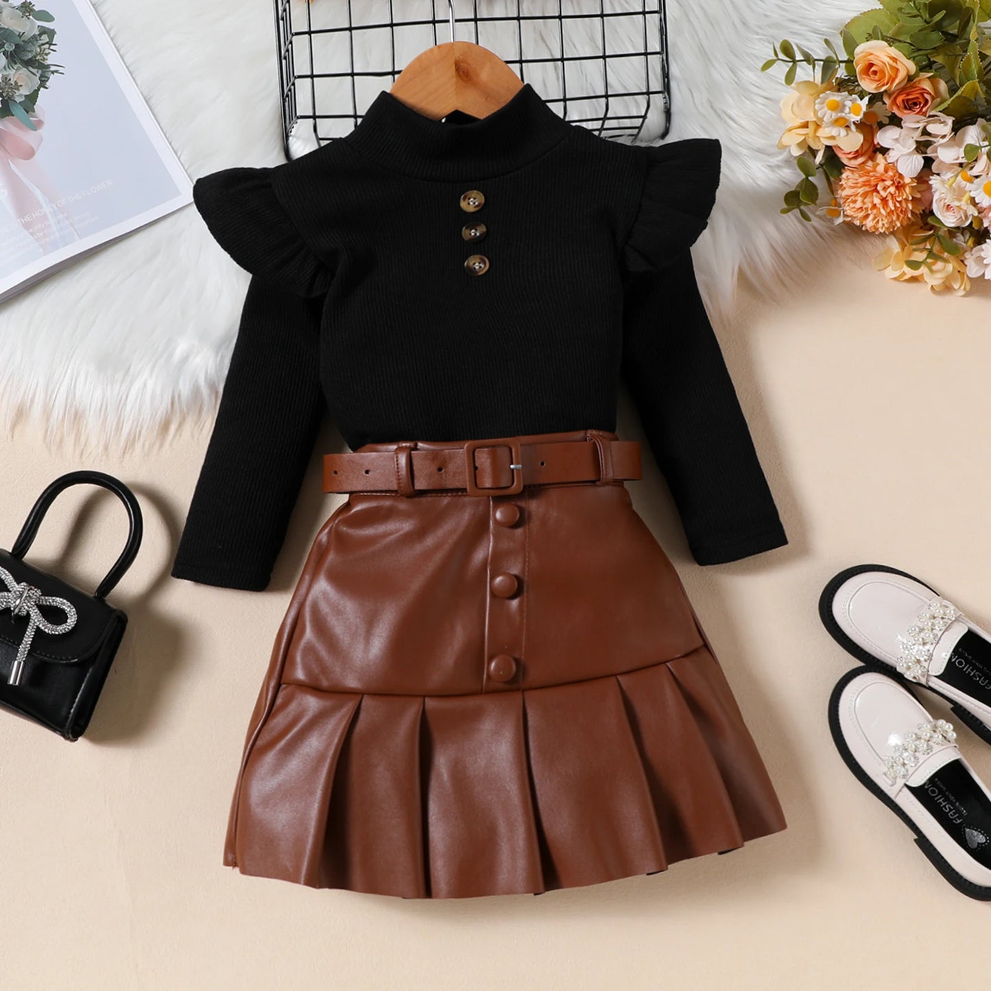 Girls' Ruffle T-Shirt & Leather Skirt Set