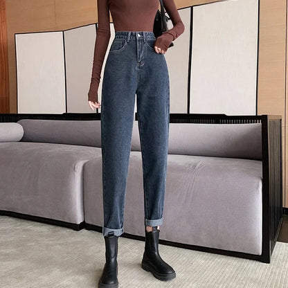 Jean amincissant taille haute pour femme, coupe ample et droite