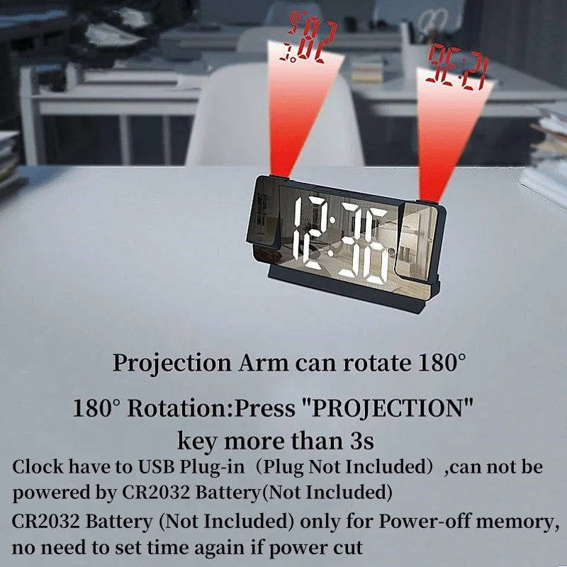 Réveil à projection rotative à 180° avec mode date/nuit et température