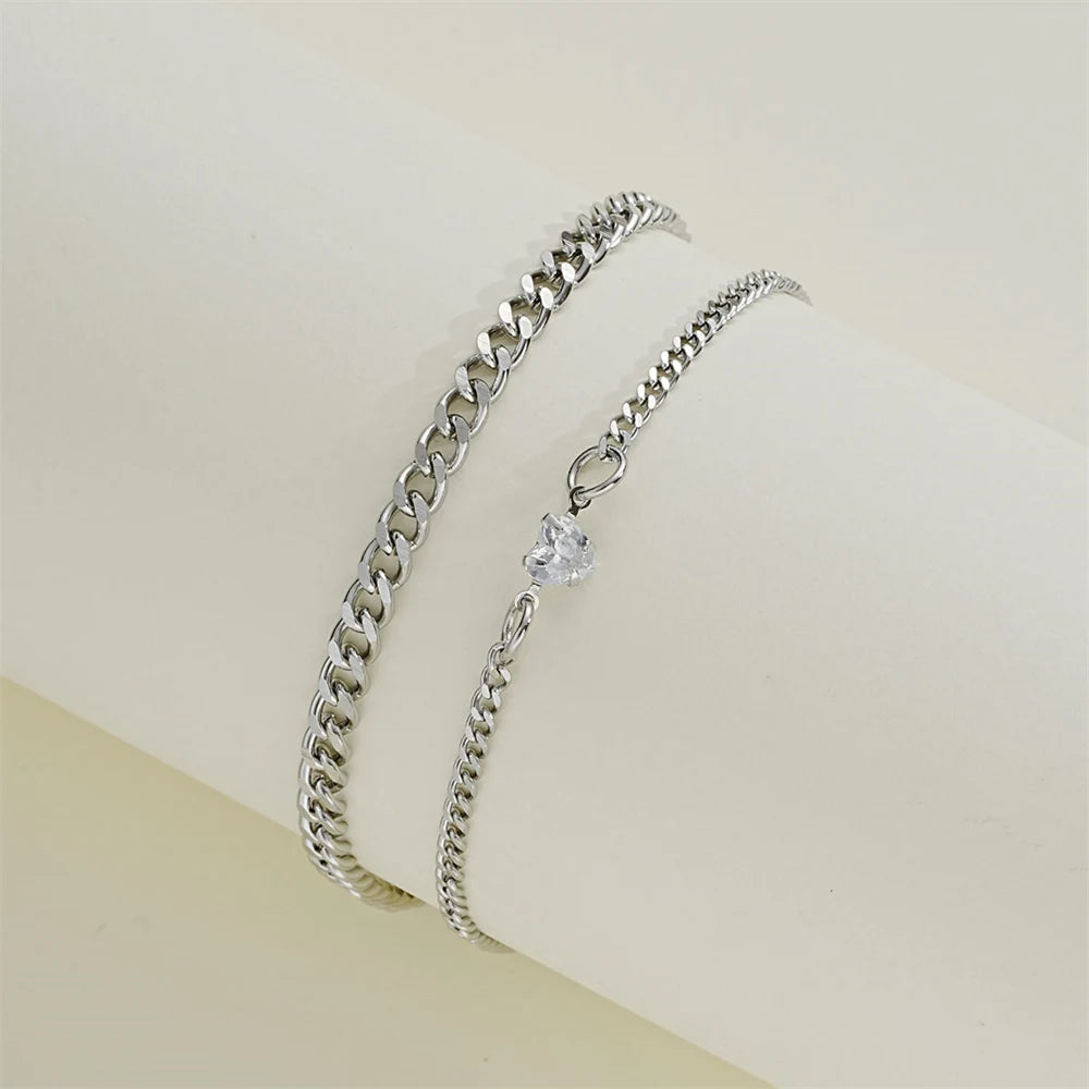 Simple Stainless Steel Couple Bracelet Set with Crystal Heart