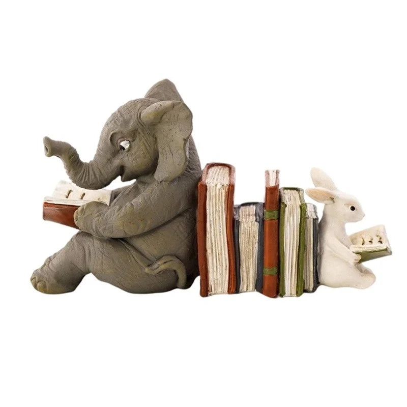 Lesender Elefant &amp; Kaninchen Buchstützen-Statue