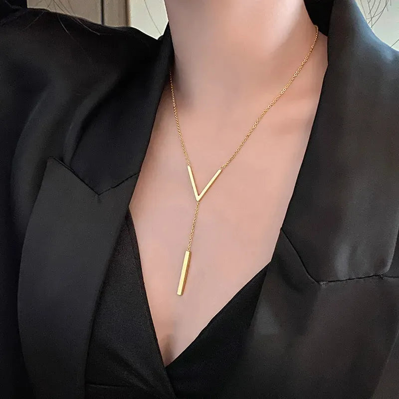 Ladies' Stainless Steel V-Shape Stick Pendant Long Chain Necklace