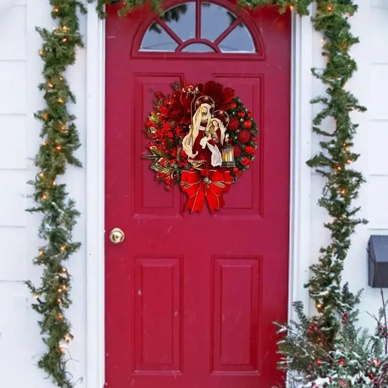 Weihnachtskranz mit Laterne und großer Schleife