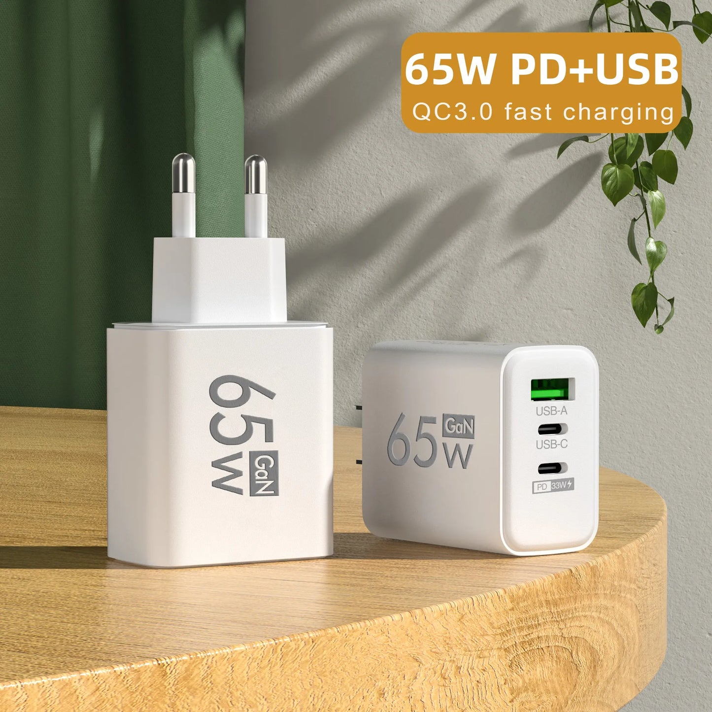 65W 3 Ports USB PD Charger - Type C Fast Charging Adaptor