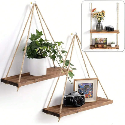 1PC Wooden Swing Hanging Hemp Rope Wall Shelves Mounted Floating Home Living Room Plant Flower