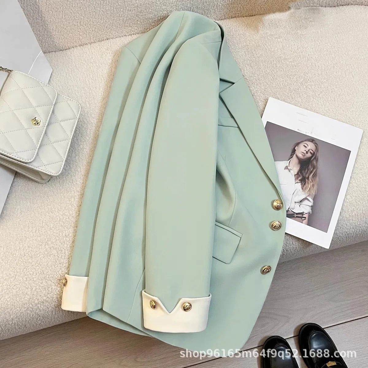 Trendy Women's Loose Casual Green Blazer for Spring & Autumn